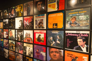 records on wall at johnny cash museum nashville
