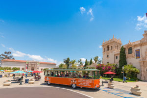 Old Town Trolley in front of San Diego Museum