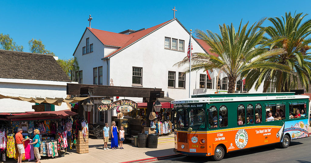picture of san diego trolley in front of old town market