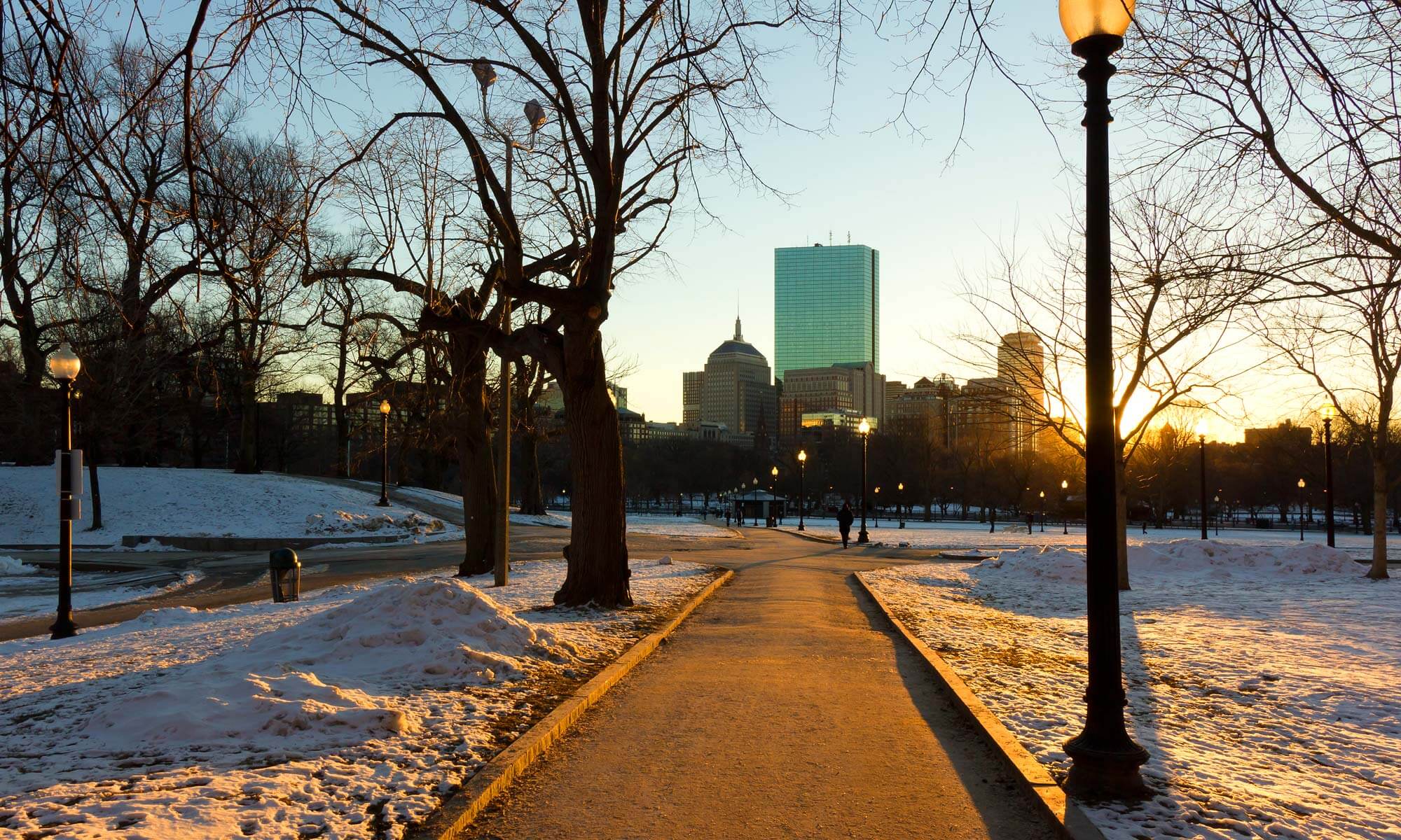 Park in Boston at dusk with the buildings of downtown Boston, MA in the background