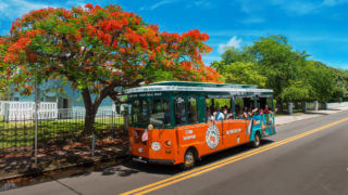 old town trolley driving past residential neighborhood in Key West, FL