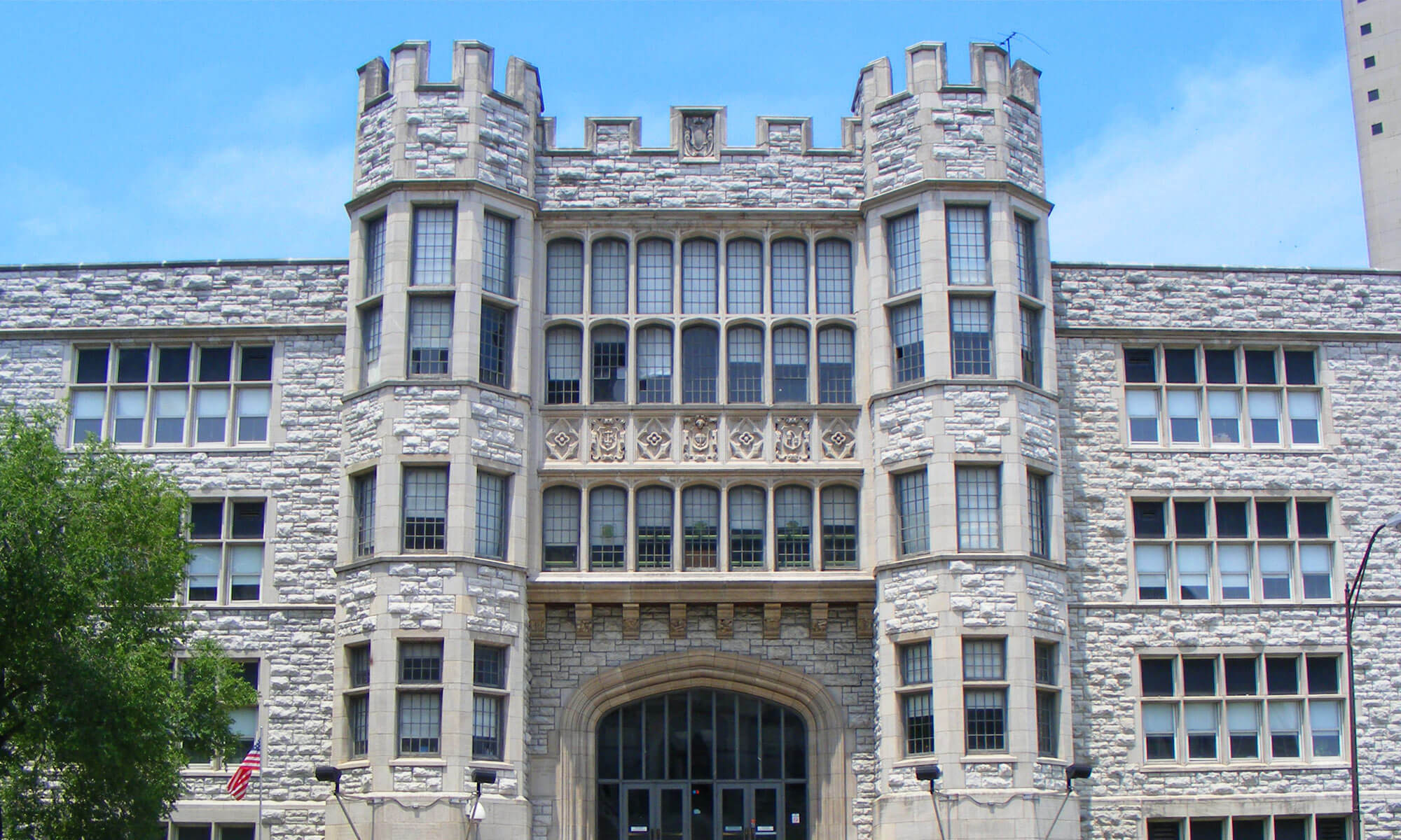 Exterior and front view of Hume-Fogg Academic High School in Nashville, TN