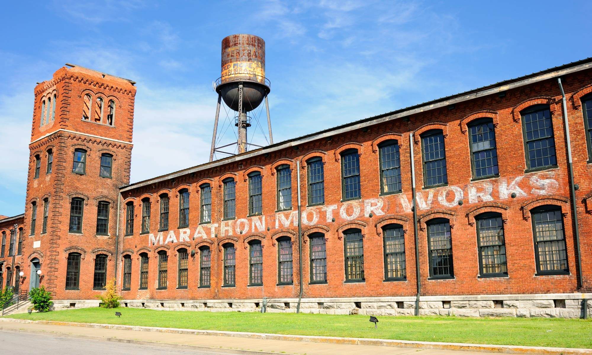 The exterior of the old, brick Marathon Motorworks Building in Nashville, TN
