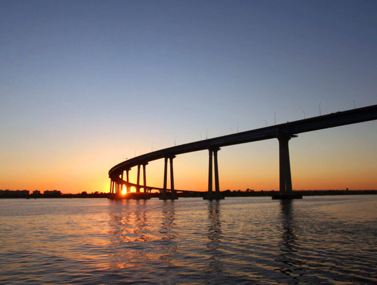 The Coronado Bridge in San Diego, CA at dusk