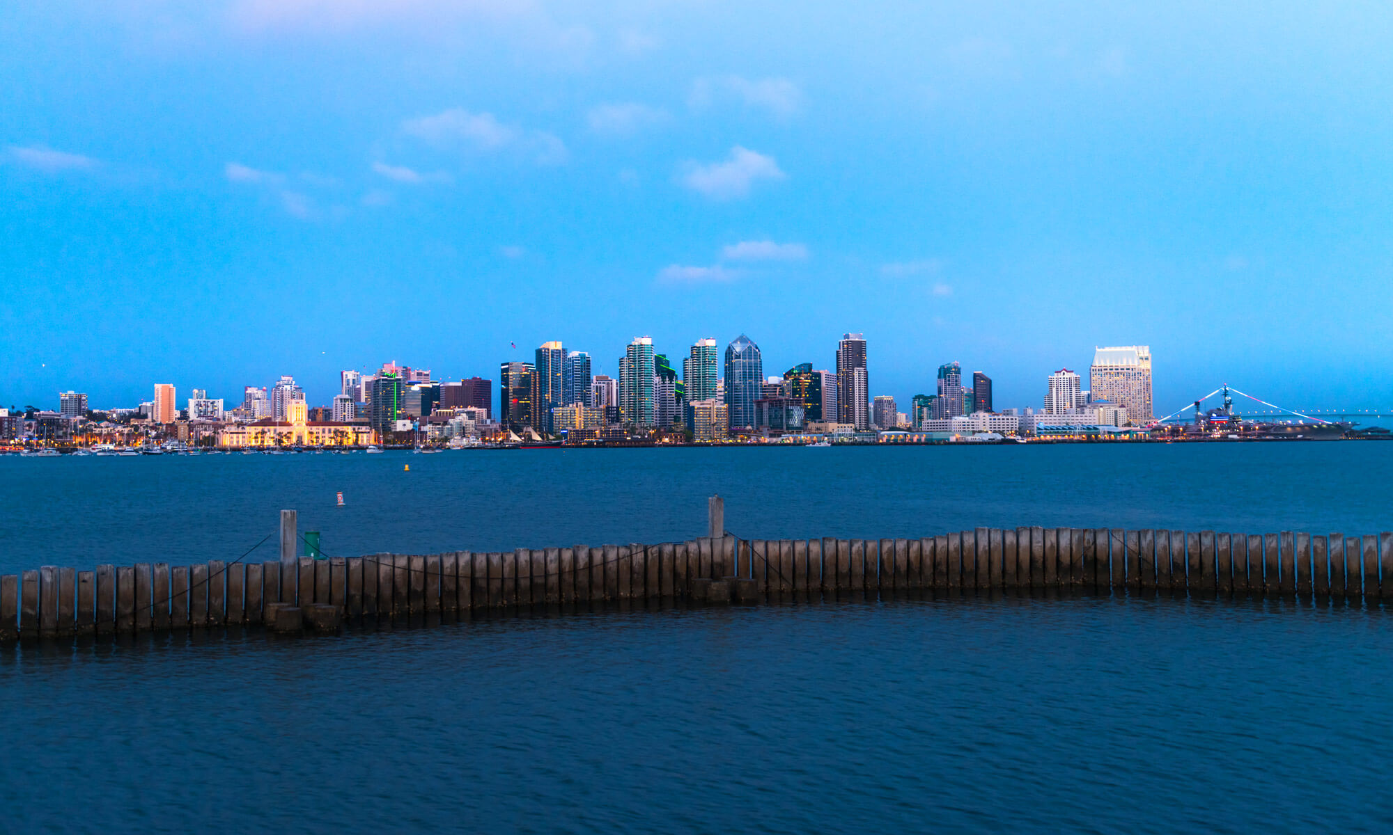 A view of San Diego's skyline from across the bay at sundown