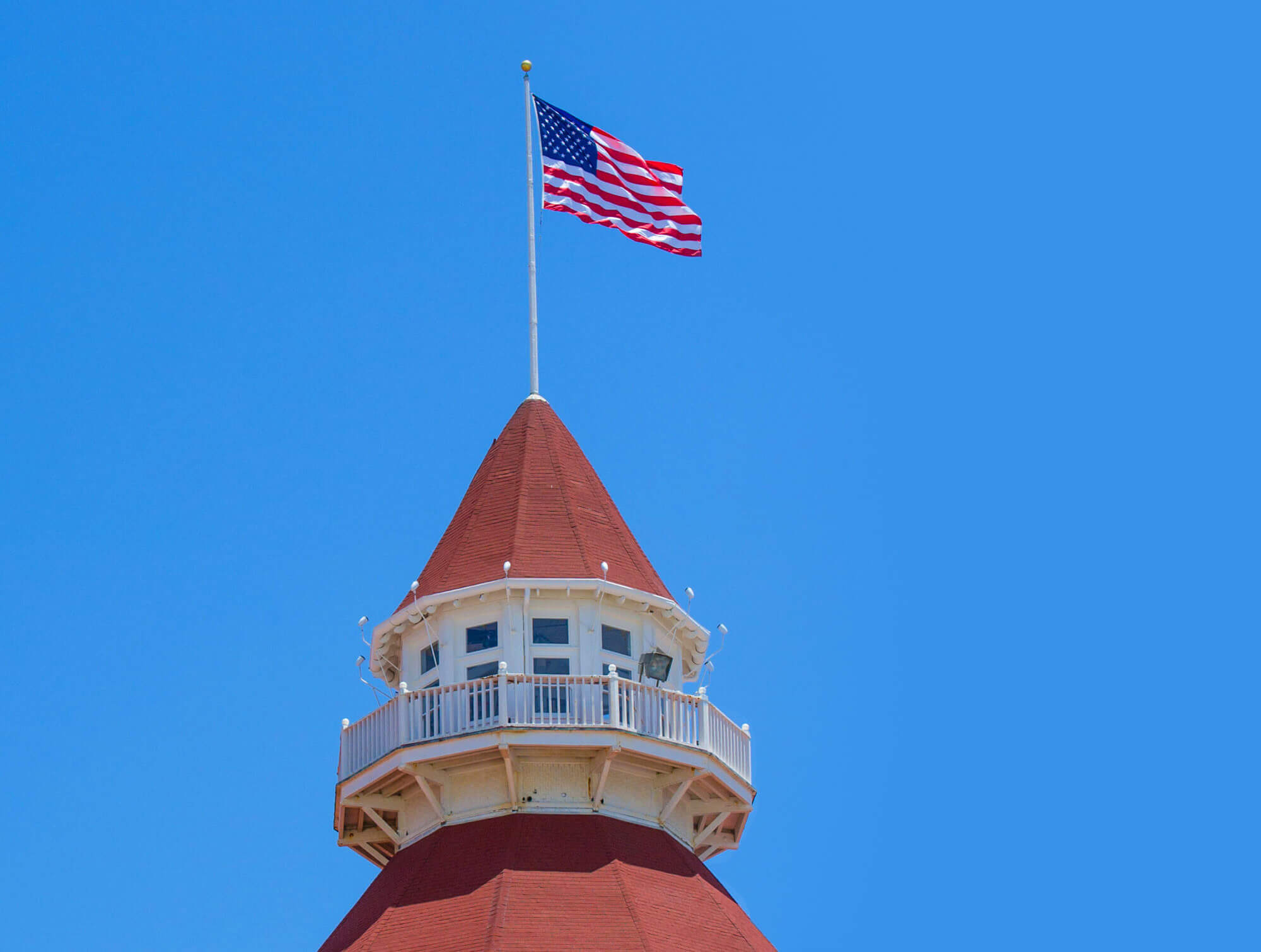 A close-up of one of the several spires on the roof of the Hotel del Coronado in San Diego, CA