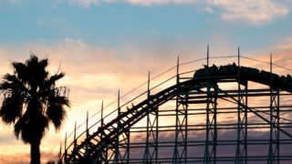 A silhouette of the wooden rollercoaster at Bemont Park in San Diego, CA