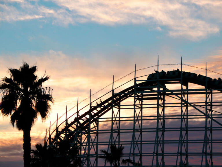 A silhouette of the wooden rollercoaster at Bemont Park in San Diego, CA