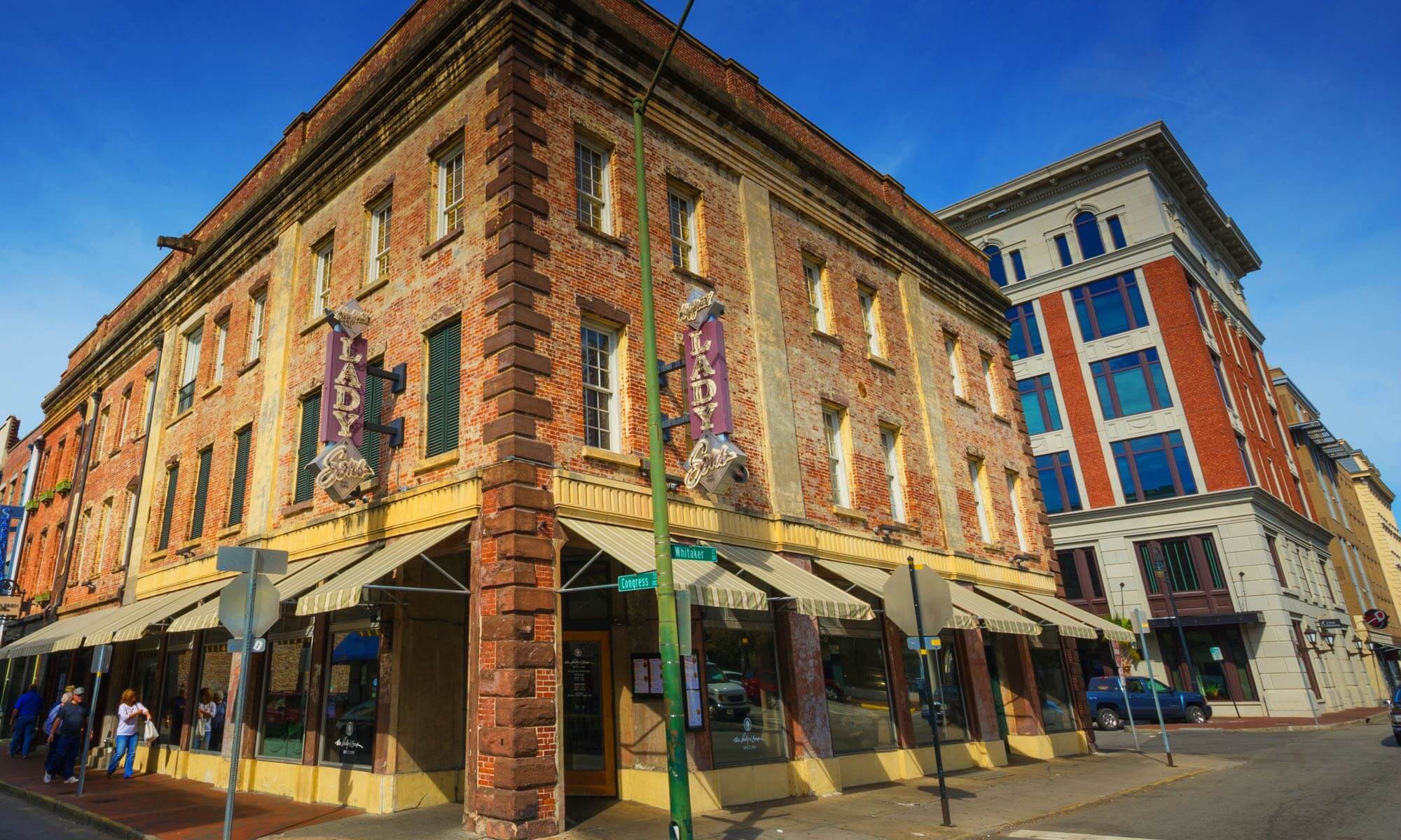 Close-up shot of Paula Deen's restaurant 'Lady & Sons' on the corner of Congress and Whitaker in downtown Savannah, GA