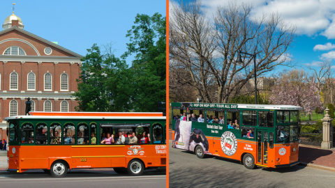 left picture: Boston trolley driving by Faneuil Hall; right picture: trolley driving by park