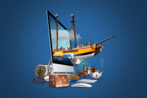 Graphic of a desktop computer with a ship coming out of it and surrounded by tea crates, anchor, actors in period clothing, rope, barrels, tea pot, keyboard and computer mouse. 