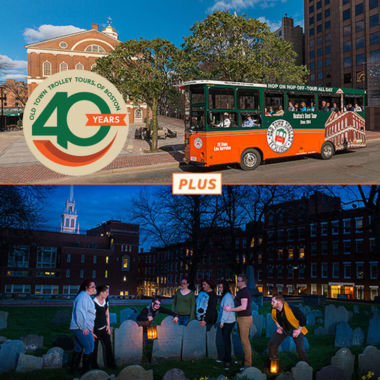 Boston trolley at Faneuil Hall and ghost hosts and guests at cemetery during Ghosts & Gravestones Tour