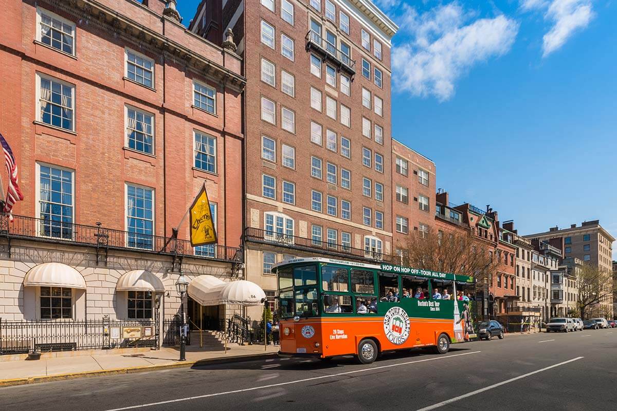 Old Town Trolley outside the famous Cheers bar in Boston, MA