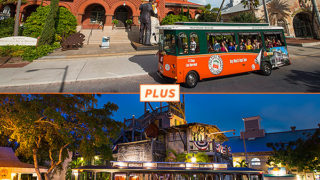 Top picture: Key West trolley driving past Customs House; bottom picture: Key West Ghosts & Gravestones Tour at night in front of the Key West Shipwreck Treasure Museum