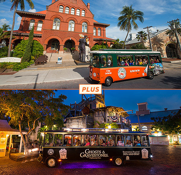 Top picture: Key West trolley driving past Customs House; bottom picture: Key West Ghosts & Gravestones Tour at night in front of the Key West Shipwreck Treasure Museum