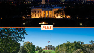 top picture: Washington DC at night with aerial view of illuminated White House and Washington Monument; bottom picture: Arlington Tours vehicle driving past Arlington House in background and grave sites and trees in foreground
