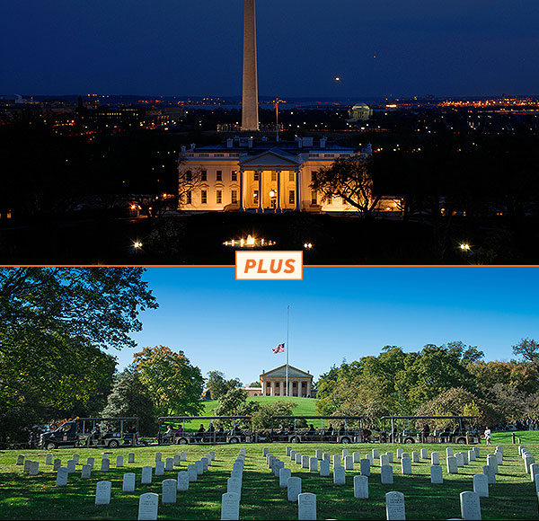 top picture: Washington DC at night with aerial view of illuminated White House and Washington Monument; bottom picture: Arlington Tours vehicle driving past Arlington House in background and grave sites and trees in foreground