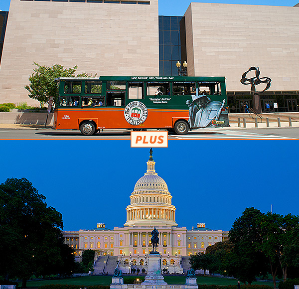  Image promoting a package deal with Old Town Trolley Tours and Monuments by Moonlight depicting both of them in a split image 