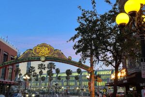 Gaslamp Quarter sign at night near San Diego Convention Center 