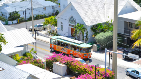 Aerial view of Old Town Trolley passing through Key West