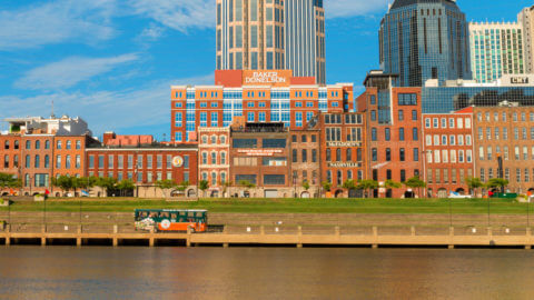 A view from across the Cumberland River at downtown Nashville including the Country Music Television Building and the Baker Donelson building