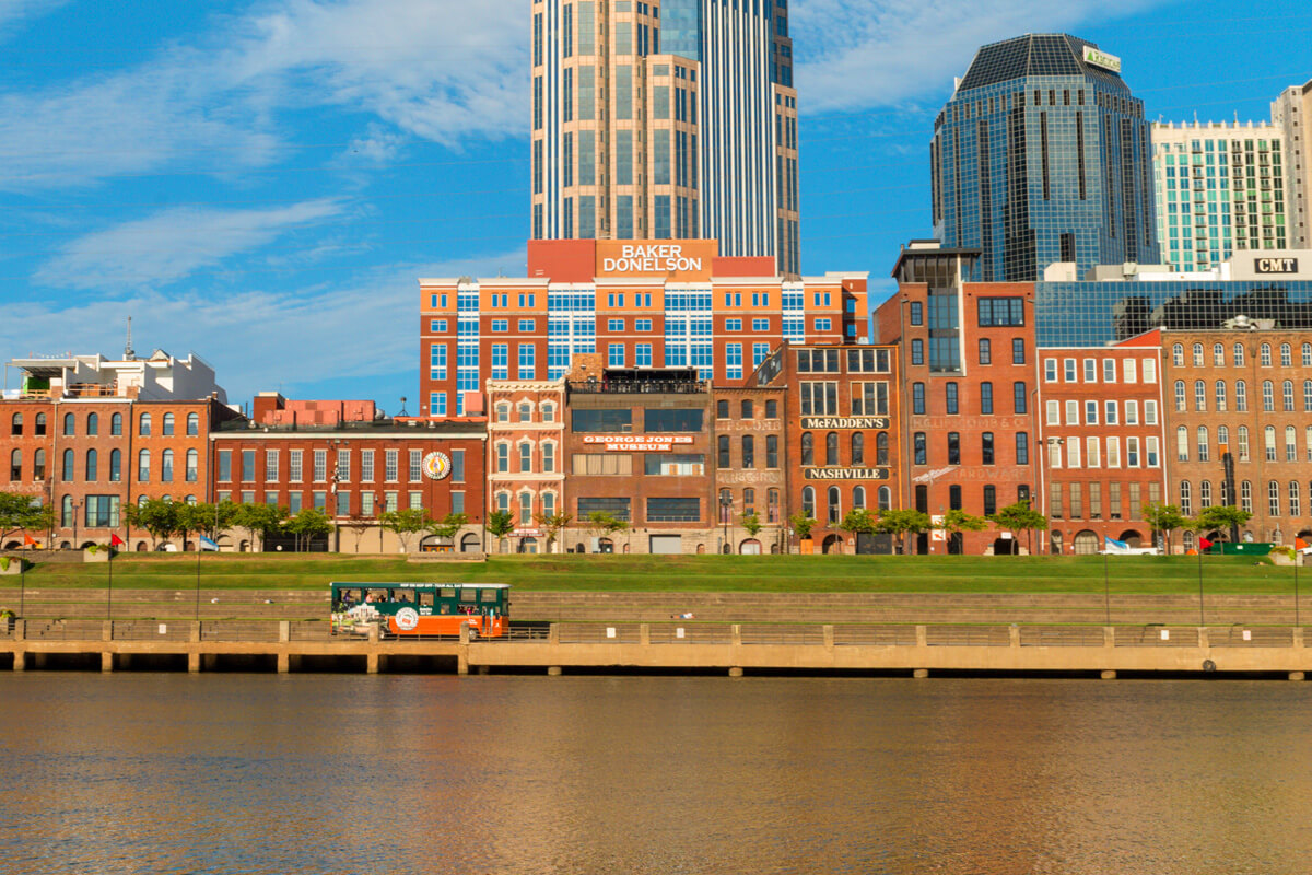 A view from across the Cumberland River at downtown Nashville including the Country Music Television Building and the Baker Donelson building