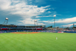 A nighttime view from center field of the ballpark for the Nashville Sounds minor league baseball team