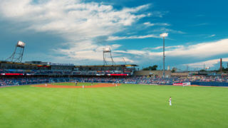 A nighttime view from center field of the ballpark for the Nashville Sounds minor league baseball team