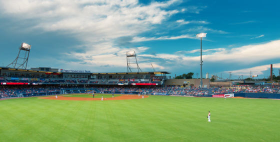 A nighttime view from center field of the ballpark for the Nashville Sounds minor league baseball team