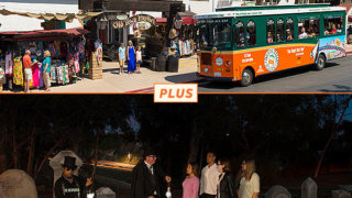 top picture: san diego trolley in front of old town market; bottom picture: group of ghost hosts and guests at cemetery