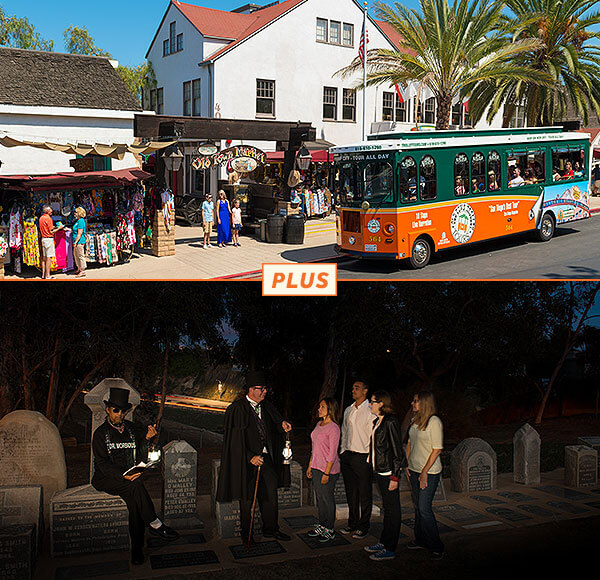 top picture: san diego trolley in front of old town market; bottom picture: group of ghost hosts and guests at cemetery