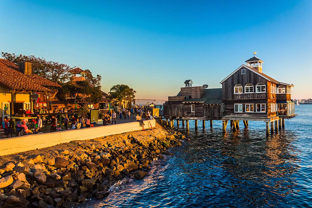 San Diego Seaport Village featuring shops and scenic waterfront