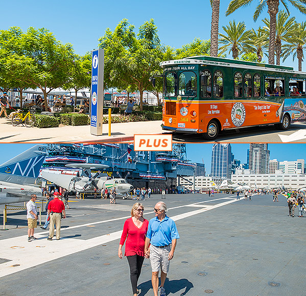 Top picture: San Diego trolley driving past visitor info center; bottom picture: couple strolling the top deck of aircraft carrier USS Midway