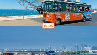 top picture: san diego trolley in front of star of india tall ship; bottom picture: seal tour vehicle on water with city skyline in background