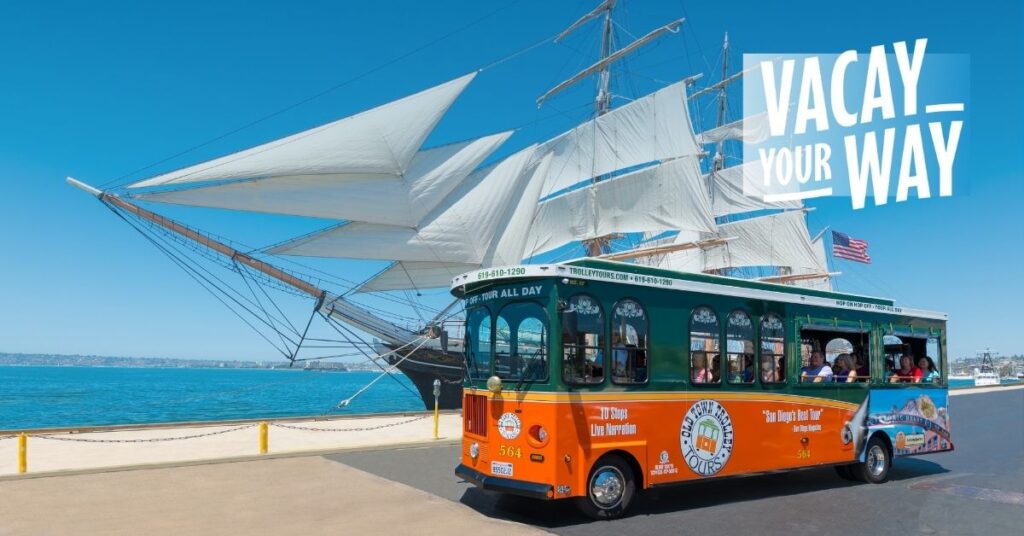San Diego trolley in front of Star of India and vacay your way 