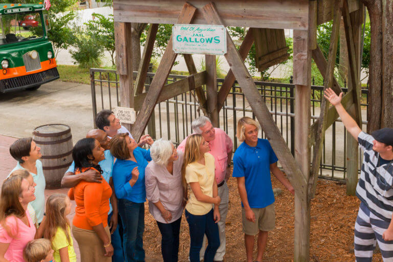 group of guests standing outside of Old Jail Museum in St. Augustine, FL while a tour guide points to the gallows