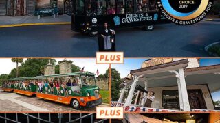 Top picture: Ghost trolley at night in front of St. Augustine Old Jail and over picture, a round logo that reads USA Today 10 BEST READERS' CHOICE 2019' and around logo, the words 'BEST GHOST TOUR, #5 - GHOSTS & GRAVESTONES TOUR'. Bottom four pictures clockwise: picture 1: trolley driving past old city gates. Picture 2: exterior shot of Oldest Store Museum with a cast member talking into a megaphone. Picture 3: Guests standing next to a wagon inside the St. Augustine History Museum. Picture 4: A family of five standing behind bars inside Old Jail Museum.