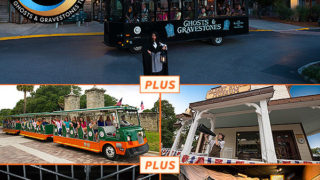 Top picture: Ghost trolley at night in front of St. Augustine Old Jail and over picture, a round logo that reads USA Today 10 BEST READERS' CHOICE 2019' and around logo, the words 'BEST GHOST TOUR, #5 - GHOSTS & GRAVESTONES TOUR'. Bottom four pictures clockwise: picture 1: trolley driving past old city gates. Picture 2: exterior shot of Oldest Store Museum with a cast member talking into a megaphone. Picture 3: Guests standing next to a wagon inside the St. Augustine History Museum. Picture 4: A family of five standing behind bars inside Old Jail Museum.