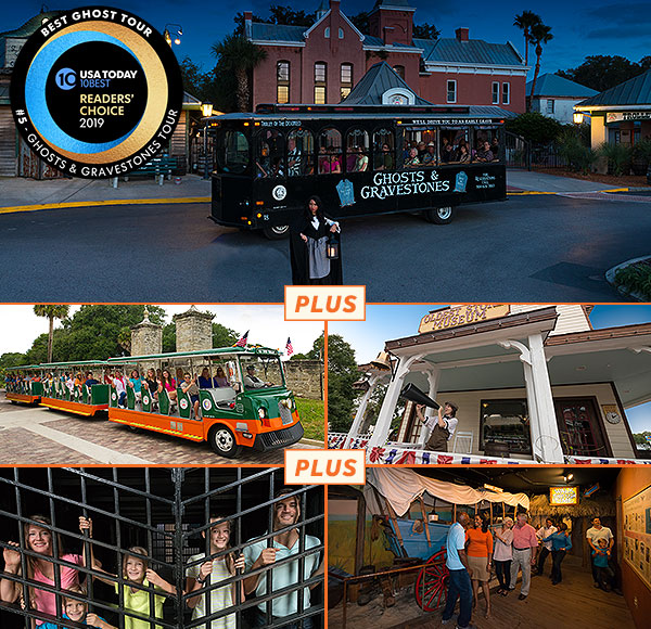 Top picture: Ghost trolley at night in front of St. Augustine Old Jail and over picture, a round logo that reads USA Today 10 BEST READERS' CHOICE 2019' and around logo, the words 'BEST GHOST TOUR, #5 - GHOSTS & GRAVESTONES TOUR'. Bottom four pictures clockwise: picture 1: trolley driving past old city gates. Picture 2: exterior shot of Oldest Store Museum with a cast member talking into a megaphone. Picture 3: Guests standing next to a wagon inside the St. Augustine History Museum. Picture 4: A family of five standing behind bars inside Old Jail Museum.