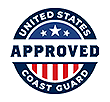 logo with stars and stripes in background and in the foreground, the words 'United States Coast Guard Approved'