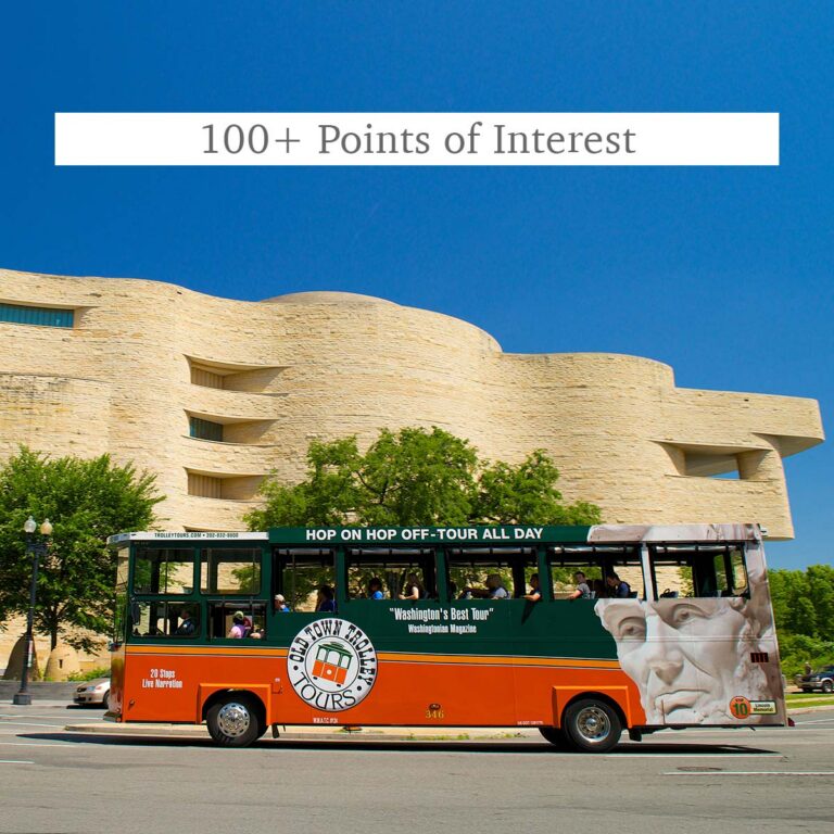 Washington DC trolley at National Museum of the American Indian and the words 100+ Points of Interest