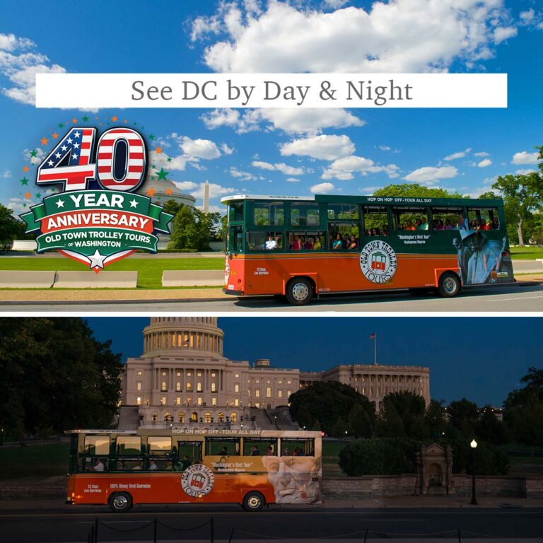 Washington DC trolley at Jefferson Memorial, Monuments by Moonlight trolley at US Capitol, and the words See DC by Day & Night and anniversary logo