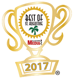 logo illustration of a trophy and inside are the words 'Best of St. Augustine 2017' wrapped around the outline of a sun accompanied by a palm tree