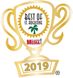 logo illustration of a trophy and inside are the words 'Best of St. Augustine 2019’ wrapped around the outline of a sun accompanied by a palm tree