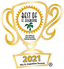 logo illustration of a trophy and inside are the words 'Best of St. Augustine 2021’ wrapped around the outline of a sun accompanied by a palm tre