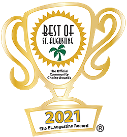 logo illustration of a trophy and inside are the words 'Best of St. Augustine 2021’ wrapped around the outline of a sun accompanied by a palm tre