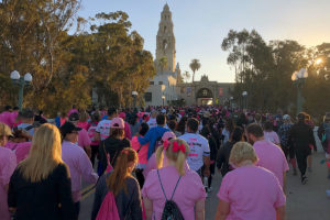 the backs of a group of walkers wearing matching pinks shirts and walking towards balboa park