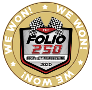 round logo that reads 'We Won!' and in the middle, there are two checkered flags with a shield that reads 'The FOLIO 250, Best of Saint Augustine 2020'