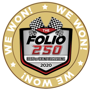 round logo that reads 'We Won!' and in the middle, there are two checkered flags with a shield that reads 'The FOLIO 250, Best of Saint Augustine 2020'