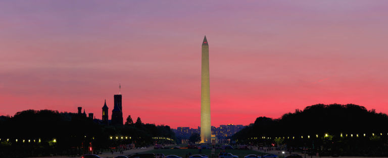 Washington monument at sunset on dc night tour